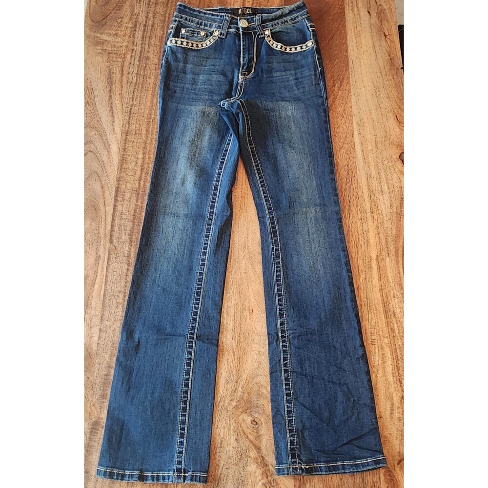 Rebel Jeans Juniors 25 Blue Wash Bootcut Embroidered Rhinestone Stretch Denim